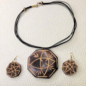 Wood Inspired Octagon Shape Pendant Necklace and Earrings Set